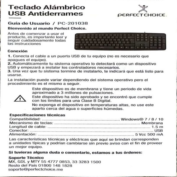 Teclado alámbrico resistente a salpicaduras y derrames. Teclas de membrana. Conector usb Perfect Choice - Negro - Imagen 2